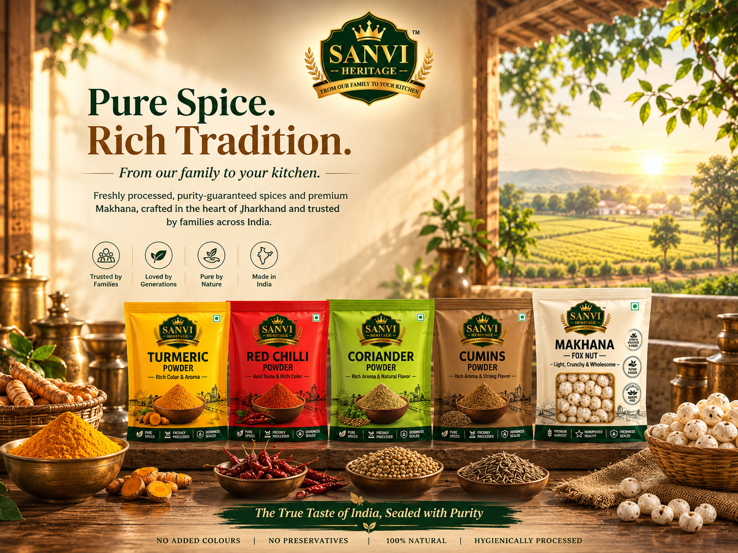 Sanvi Heritage — Pure Spice, Rich Tradition. Turmeric, Red Chilli, Coriander, Cumin and Makhana, from our family to your kitchen in Jharkhand.